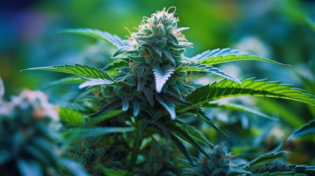 Bud of a cannabis flower Satival growing in a greenhouse, marijuana flower buds in the distance, herbal medication.  GENERATE AIの素材