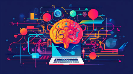 The human brain and computer are illustrated.  GENERATE AIの素材