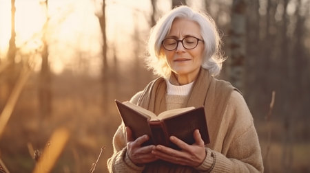 Grandma with gray hair is holding a bible. reading the Bible in a natural setting. Concept of religion, spirituality, and faith. calm and hope.  GENERATE AIの素材