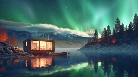 Minimalist Tiny House, 3D Illustration of a Tiny House Next to Lake, Fjord in Norway Under Aurora Borealis. GENERATE AIの素材