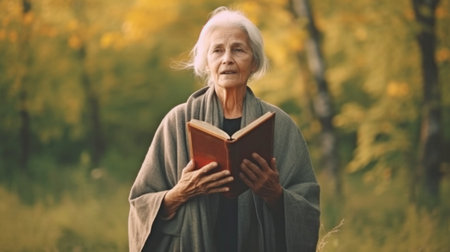 Grandma with gray hair is holding a bible. reading the Bible in a natural setting. Concept of religion, spirituality, and faith. calm and hope.  GENERATE AIの素材