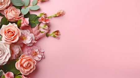 pink flowers in a composition at the top perspective against a soft background. GENERATE AIの素材