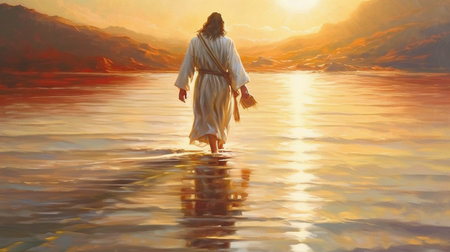 Jesus is seen in an artistic oil painting walking on water with the background lighted by the sun.  GENERATE AIの素材