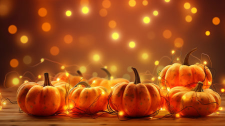 Thanksgiving, Halloween, or any fall-themed event poster with holiday lights and pumpkins. GENERATE AIの素材