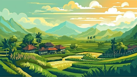 Beautiful day with the sun shining brightly over the rice fields in Bali. GENERATE AIの素材