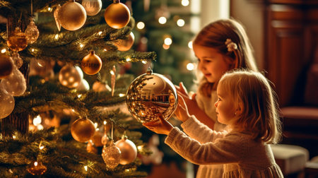 Christmas tree decoration by kids. GENERATE AIの素材