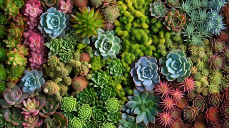 Houseleeks in various colors and shapes, as groundcover plants. GENERATE AIの素材