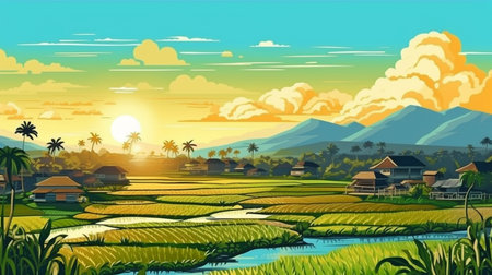 Beautiful day with the sun shining brightly over the rice fields in Bali. GENERATE AIの素材