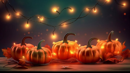 Thanksgiving, Halloween, or any fall-themed event poster with holiday lights and pumpkins. GENERATE AIの素材
