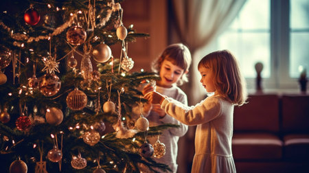 Christmas tree decoration by kids. GENERATE AIの素材