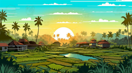 Beautiful day with the sun shining brightly over the rice fields in Bali. GENERATE AIの素材
