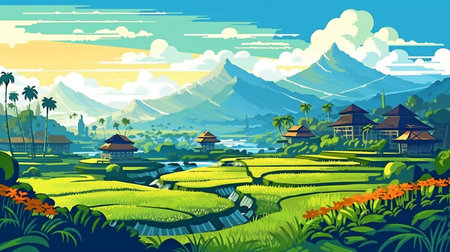 Beautiful day with the sun shining brightly over the rice fields in Bali. GENERATE AIの素材
