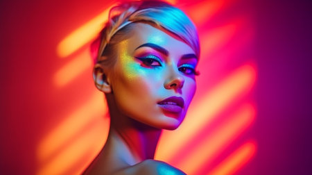 Fashion model posing in a studio while wearing bright lights Gorgeous, seductive girl with contemporary cosmetics and manicure. makeup with a vibrant backdrop. GENERATE AIの素材