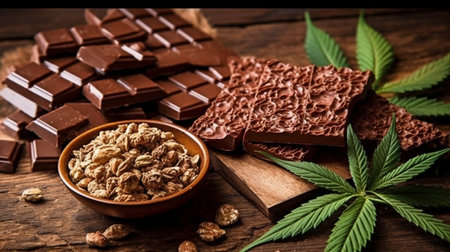 Cannabis leaf with crunchy multigrain chocolate cereal against a background of dark wood. GENERATE AIの素材