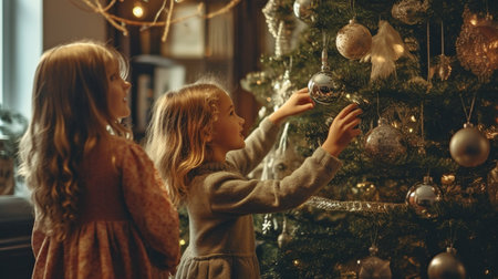 Christmas tree decoration by kids. GENERATE AIの素材