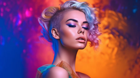 Fashion model posing in a studio while wearing bright lights Gorgeous, seductive girl with contemporary cosmetics and manicure. makeup with a vibrant backdrop. GENERATE AIの素材