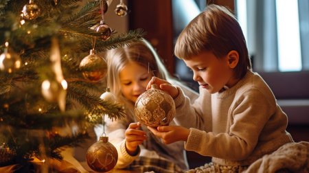 Christmas tree decoration by kids. GENERATE AIの素材