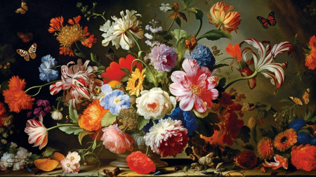 flowers shown in a painting-like manner. A beautiful bouquet of flowers is shown in a vase. beautiful butterflies and bees all around. GENERATE AIの素材