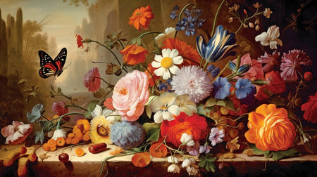 flowers shown in a painting-like manner. A beautiful bouquet of flowers is shown in a vase. beautiful butterflies and bees all around. GENERATE AIの素材
