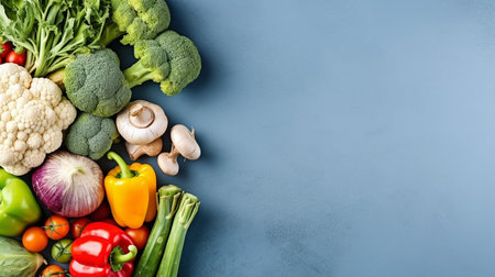 Flat lay of many fresh veggies against a bright blue backdrop. GENERATE AIの素材