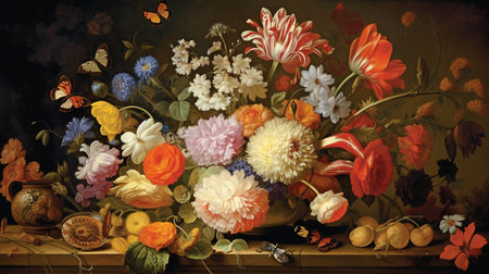 flowers shown in a painting-like manner. A beautiful bouquet of flowers is shown in a vase. beautiful butterflies and bees all around. GENERATE AIの素材