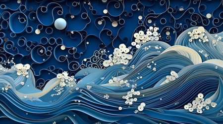 Background of stacked waves, stunning appearance, magnificent details, beautiful blue, starry night. GENERATE AIの素材