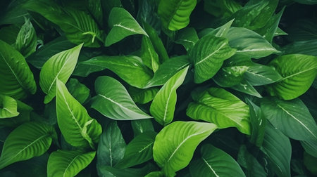 Spathiphyllum cannifolium leaves in a garden, abstract green texture, a natural backdrop in a dark color, a tropical leaf. GENERATE AIの素材