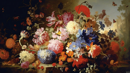 flowers shown in a painting-like manner. A beautiful bouquet of flowers is shown in a vase. beautiful butterflies and bees all around. GENERATE AIの素材