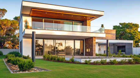 Exterior view of an opulent, modern home with a dining area and a garden. GENERATE AIの素材