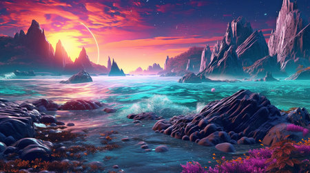 Sea waves in a 3D scene with vividly blue water. GENERATE AIの素材