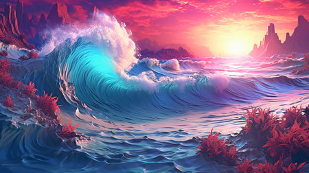 Sea waves in a 3D scene with vividly blue water. GENERATE AIの素材