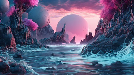 Sea waves in a 3D scene with vividly blue water. GENERATE AIの素材