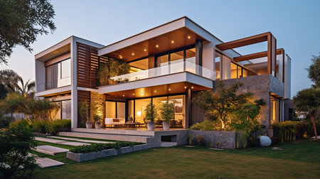 Exterior view of an opulent, modern home with a dining area and a garden. GENERATE AIの素材