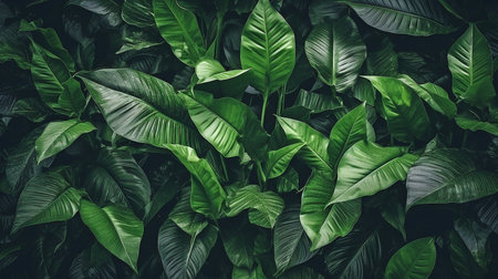 Spathiphyllum cannifolium leaves in a garden, abstract green texture, a natural backdrop in a dark color, a tropical leaf. GENERATE AIの素材