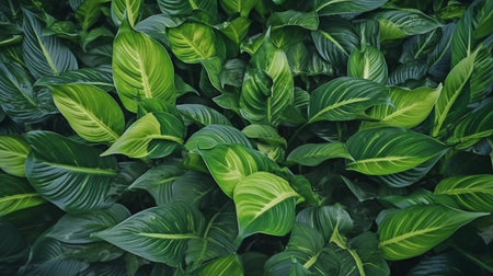Spathiphyllum cannifolium leaves in a garden, abstract green texture, a natural backdrop in a dark color, a tropical leaf. GENERATE AIの素材