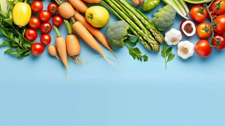 Flat lay of many fresh veggies against a bright blue backdrop. GENERATE AIの素材