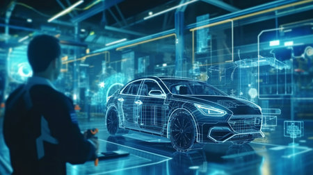 AI industrial system production line engineer. Future industrial idea of smart EV vehicle manufacturing automated machine AR augmented reality technology futuristic robot control. GENERATE AIの素材