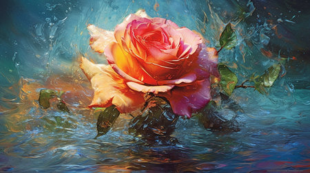 The eternal beauty of a rose combines with cascading water to take on a hypnotic form in this intriguing colorful picture. GENERATE AIの素材