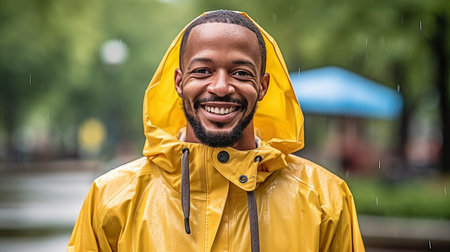 a happy portrait of a man wearing a raincoat. GENERATE AIの素材