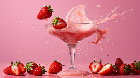 A strawberry margarita beverage is photographed on a pink backdrop. GENERATE AIの素材