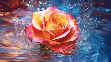 The eternal beauty of a rose combines with cascading water to take on a hypnotic form in this intriguing colorful picture. GENERATE AIの素材