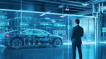 AI industrial system production line engineer. Future industrial idea of smart EV vehicle manufacturing automated machine AR augmented reality technology futuristic robot control. GENERATE AIの素材