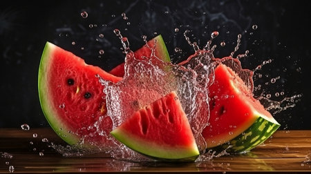 photography of water splashes Watermelon slices and liquid in a composition on a wooden background. Summer fruits. GENERATE AIの素材