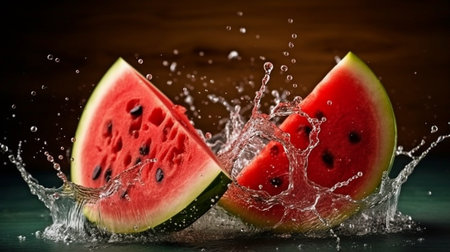 photography of water splashes Watermelon slices and liquid in a composition on a wooden background. Summer fruits. GENERATE AIの素材