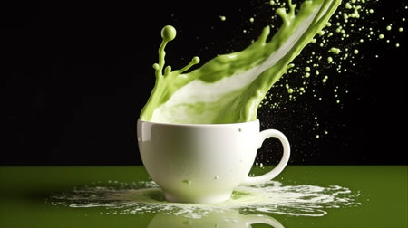photographing green Japanese matcha tea with milk in a stream of water.The liquid is spilled with a splash and splashes into a white cup. GENERATE AIの素材