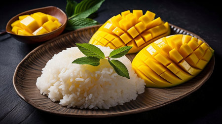 Thai delicacy called mango sticky rice is created from sticky rice, mango, and coconut milk. GENERATE AIの素材