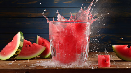 Watermelon juice splashed in a glass on a hardwood floor for photography. GENERATE AIの素材