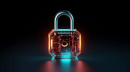 Illustration of a padlock icon on a dark backdrop showing a 3D rendering of information security. GENERATE AIの素材