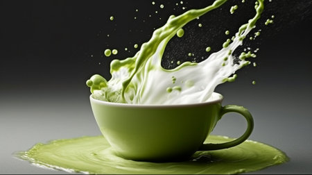 photographing green Japanese matcha tea with milk in a stream of water.The liquid is spilled with a splash and splashes into a white cup. GENERATE AIの素材