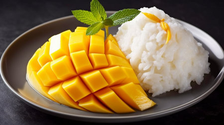 Thai delicacy called mango sticky rice is created from sticky rice, mango, and coconut milk. GENERATE AIの素材